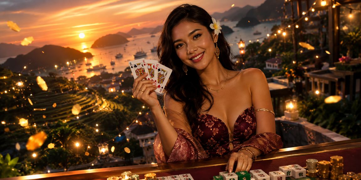 Model memperagakan permainan kartu casino online dengan ekspresi serius