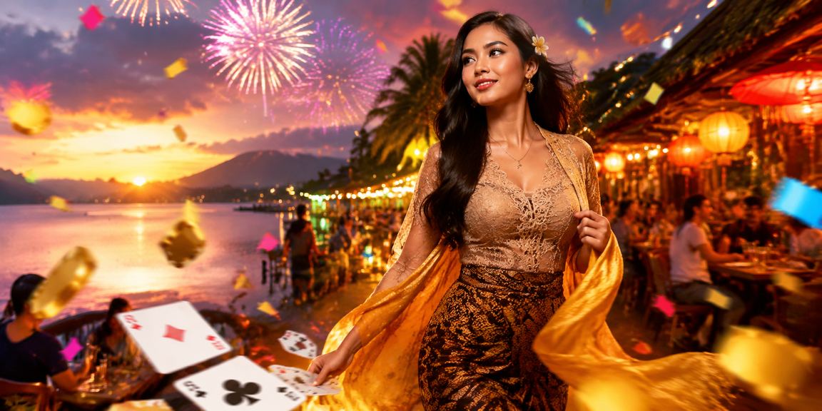 Permainan kartu di pasar malam dengan pencahayaan hangat dan antusias penonton