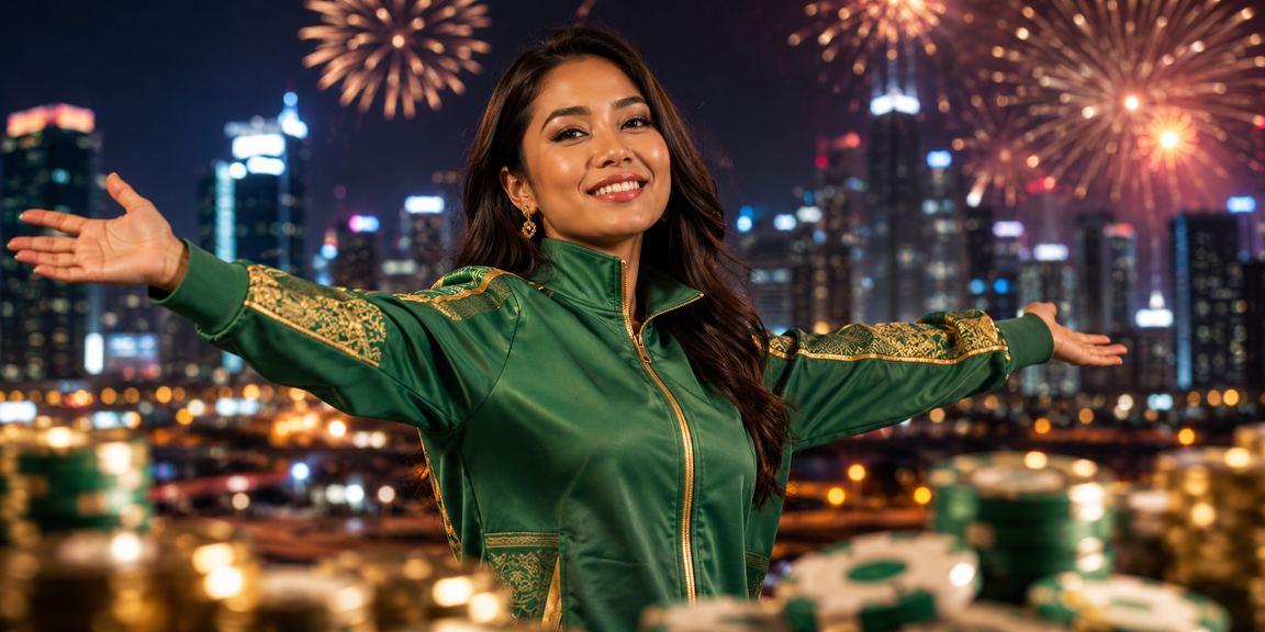 Suasana festival slot game dengan cahaya neon penuh warna di malam hari