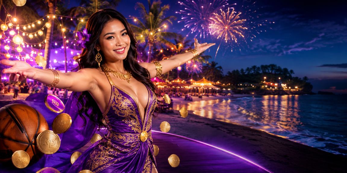 Suasana taruhan basket di tepi pantai dengan papan odds olahraga