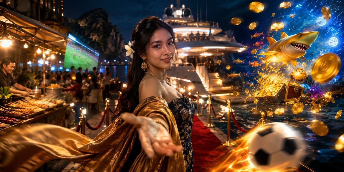 Model memperagakan permainan tembak ikan di layar arcade dengan ekspresi antusias